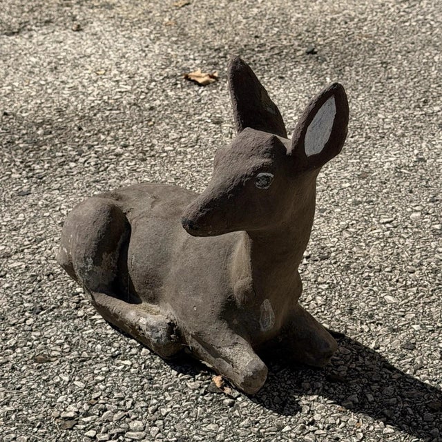 Brown Vintage Reclining Fawn Seated Deer Small 16" Cement Concrete Stone Garden Statue For Sale - Image 8 of 15