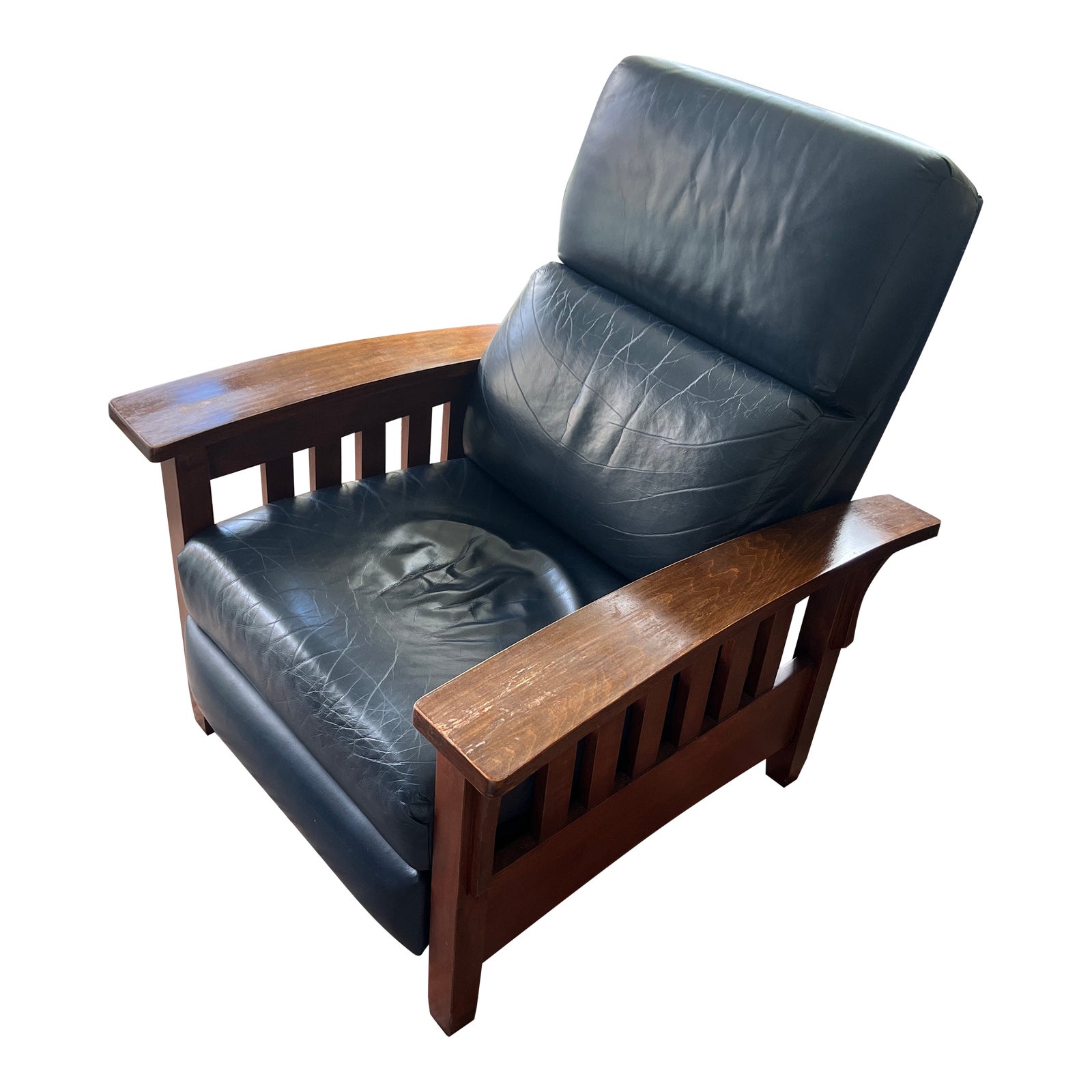 Ethan Allen Mission Style All Leather Blue Push Back Manual Recliner Chair Chairish