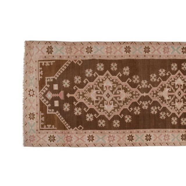 Mid-Century Modern Vintage Turkish Oushak Hand-Knotted Runner 4'5'' X 9'8'' For Sale - Image 3 of 11