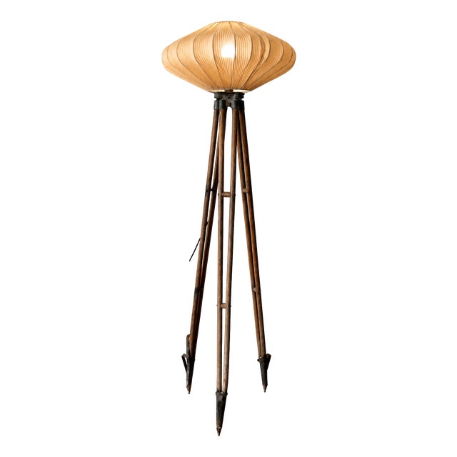 Vintage Tripod Floor Lamp with Pleated Shade, England, 1920s For Sale