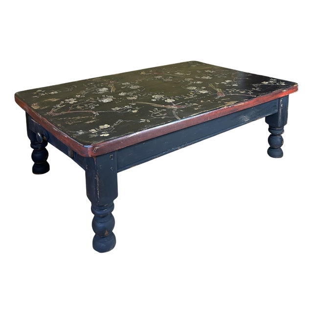 Large Vintage Coffee Table with Painted Chinoiserie For Sale