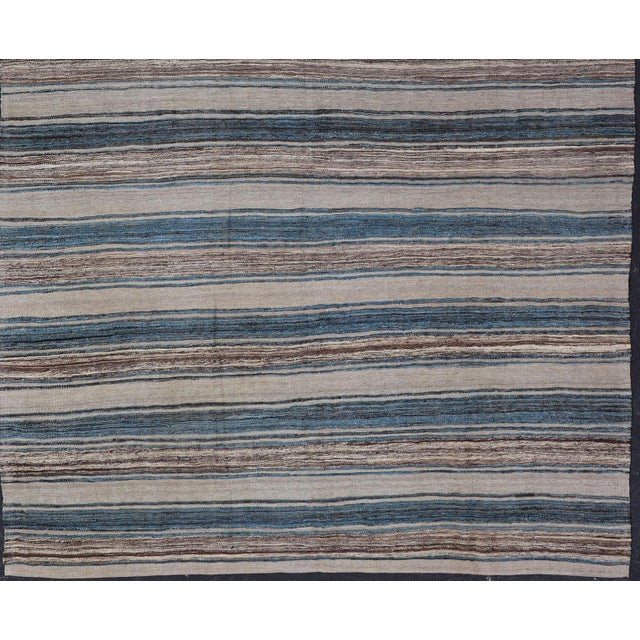 Versatile Striped Design and Natural Brown, Cream, and Blue Flat-Weave Kilim 7'9 X 11'10 For Sale - Image 10 of 15