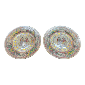 Set of 2 Chinese Famille Rose Porcelain Plates 10" Hand Painted Geisha VTG Gold