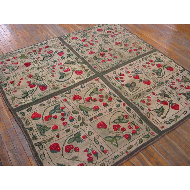1920s Ivory Floral Folk Art Antique American Hooked Rug 6'3" X 6'4" Handknotted Wool Carpet For Sale - Image 10 of 10
