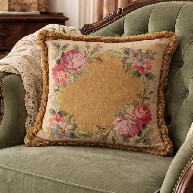 A beautifully crafted French tapestry pillow by Iosis Paris for Yves Delorme, featuring a romantic floral garland in soft...