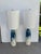 Mid Century Style White & Blue Drip Lamps - Pair. Tall cylinder shades with a gold finial. Showroom floor sample.