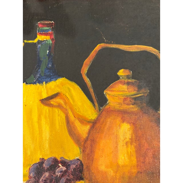 1950s Vintage Still Life Oil Painting With Fruit, Wine Bottle & Copper Kettle, 14” × 18” For Sale - Image 5 of 10