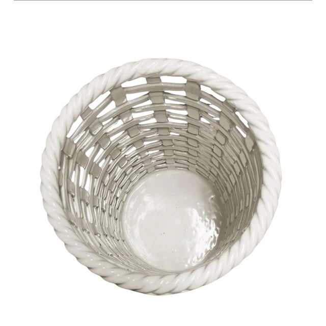 For your consideration. . . A vintage hand-made white ceramic woven basketweave designed umbrella stand made in Italy,...