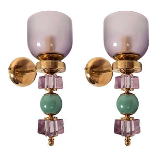 1990s Purple and Green Murano Glass Sconces - a Pair For Sale