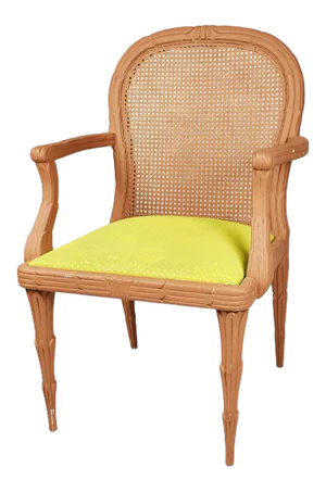 Hollywood Regency Faux Bois Dining Armchair With Cane Back and Bright Green Upholstered Seat
