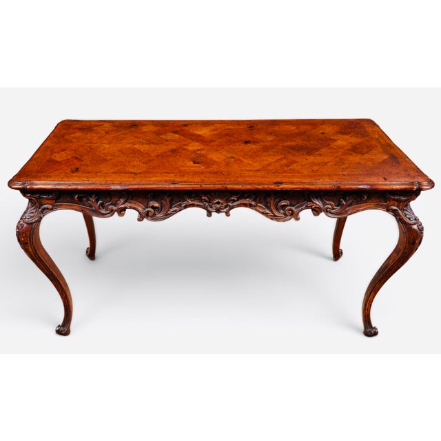 19th Century French Louis XV Carved Solid Oak Parquetry Bureau Plat Writing Desk For Sale In Los Angeles - Image 6 of 8