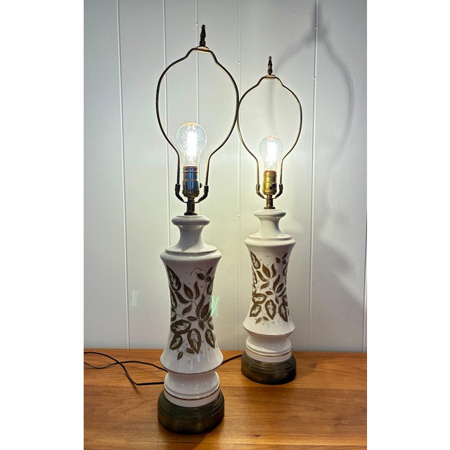 Mid 20th Century Mid Century Modern Gilded Leaf Motif Ceramic Lamps - a Pair For Sale In Providence - Image 6 of 9