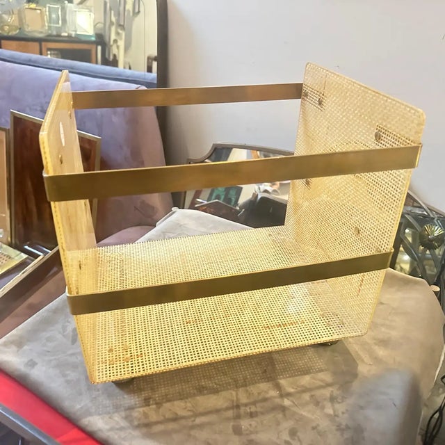 1980s Dior Home Style Mid-Century Modern Brass and Wicker Magazine Stand For Sale - Image 17 of 18