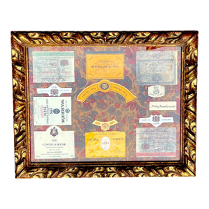 1990s Fine French Wine and Champagne Label Multi Media Collage on Hand Marbled Paper in Gesso and Giltwood Frame