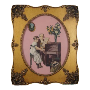 Vintage Late 20th Century Needlework Embroidered First Piano Lesson Hanging Tapestry Artwork