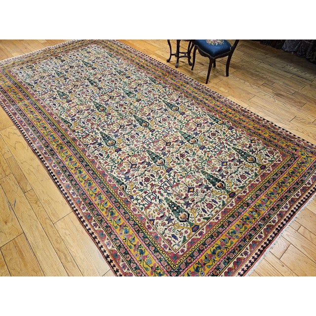 Antique Indian Agra Rug, Hand-Knotted Wool, Tree of Life Design, Ivory & Yellow, 8x15 For Sale In Chicago - Image 6 of 15
