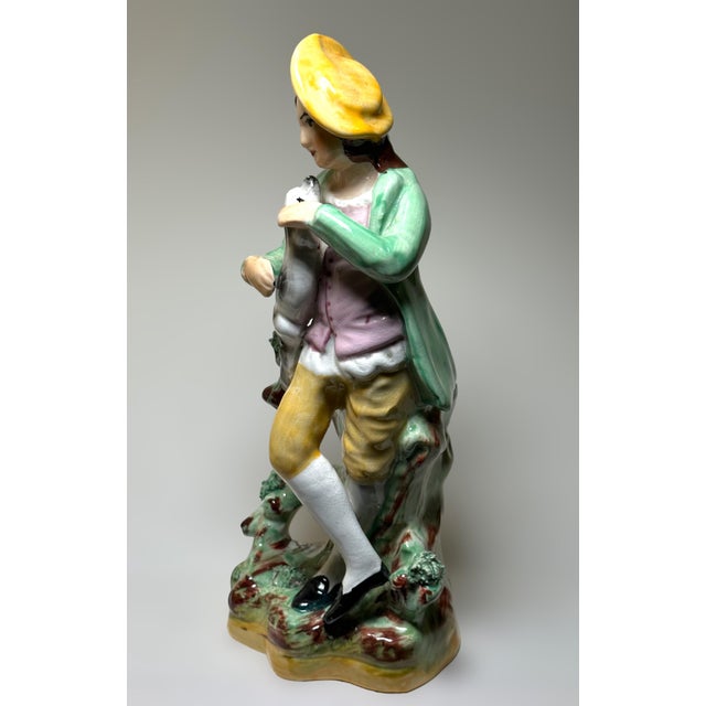 Light Green Pair of 1890’s Old Staffordshire Ware England Porcelain Figurines Boy Holding His Dog and Girl Holding Her Cat For Sale - Image 8 of 11