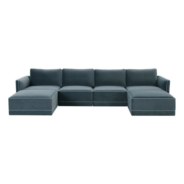 Willow Misty Blue with Pale Blue Piping Modular 6-Piece Performance Velvet U Sectional For Sale