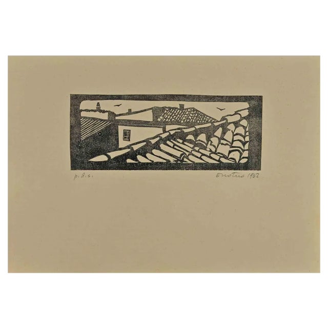 Enotrio Pugliese, Roofs of Rome, Woodcut Print, 1962 For Sale