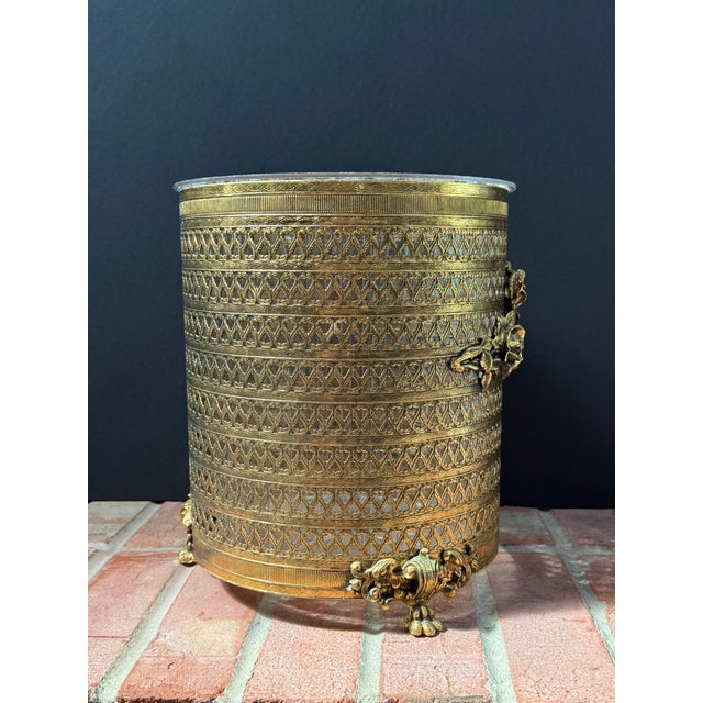 Brass Vintage Hollywood Regency Gold Metal Filigree Ormolu Wastebasket With Claw Feet For Sale - Image 8 of 10