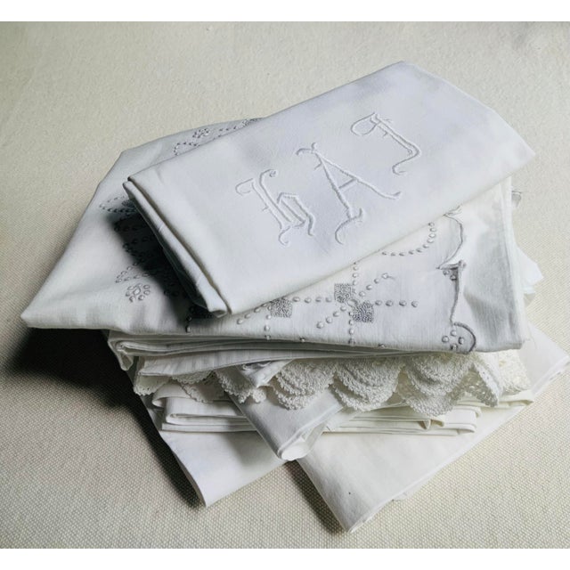 American 10 Antique Cotton Pillowcases — Crochet, Whitework & Monogram — Nantucket Estate, C. 1930s For Sale - Image 3 of 18