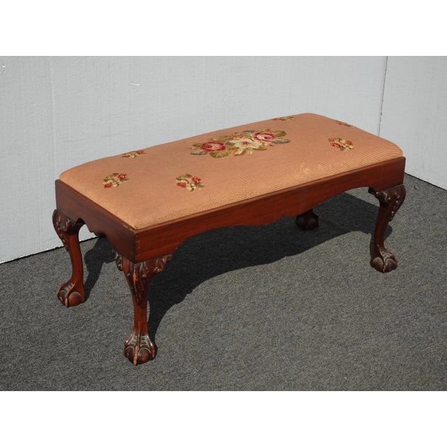 French Vintage French Provicial Floral Needlepoint Tapestry Bench W Ball & Claw Feet For Sale - Image 3 of 13