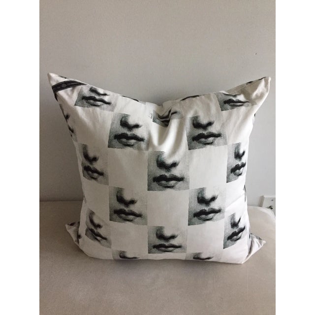 A rare Fornasetti throw pillow cushion, black and white, discontinued “Mouths” print from the Tema e Variazioni...