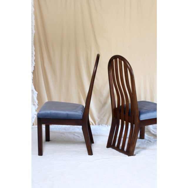Contemporary Set of 4 Oak Arched Dining Chairs With Blue Velvet Upholstered Seats For Sale - Image 3 of 16