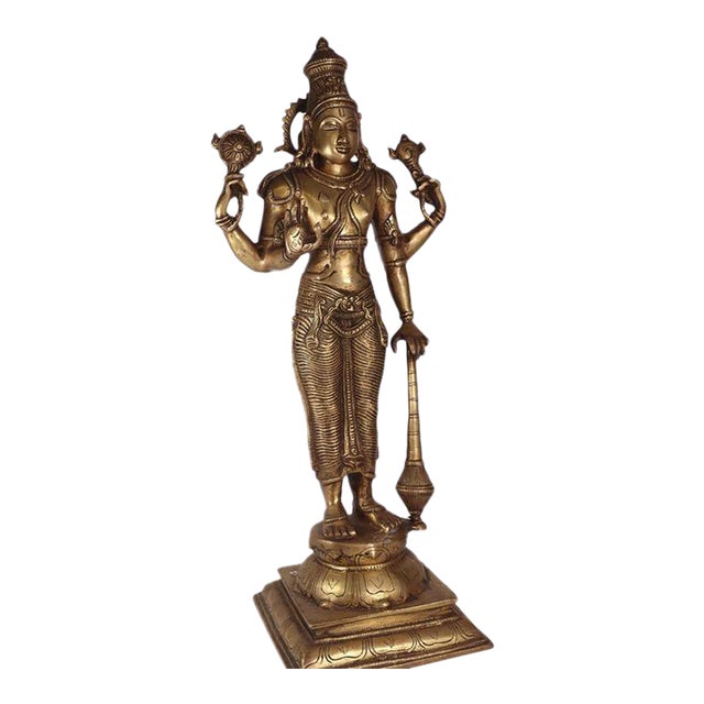Early 20th Century South Indian Brass Bronze Statue Vishnu Metal Heavy Large Antique For Sale