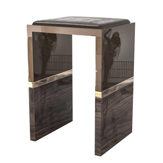 "Galeone" Bar Stool With Stainless Steel, Walnut and Bronze Details For Sale - Image 4 of 8
