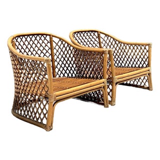 Vintage Trellis Rattan Lounge Chairs - A Pair For Sale