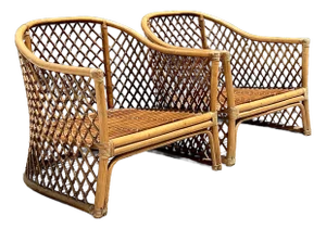 Vintage Trellis Rattan Lounge Chairs - A Pair
