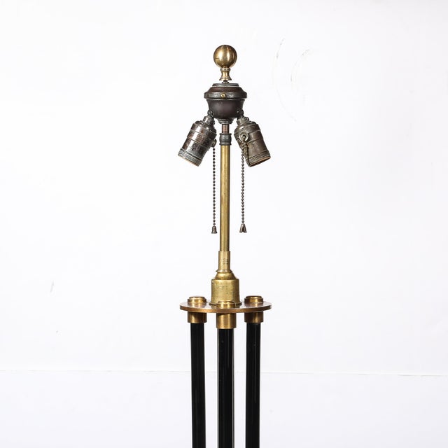 Art Deco Scroll Form Base Machine Age Cylindrical Vitrolite & Bronze Floor Lamp For Sale - Image 15 of 18