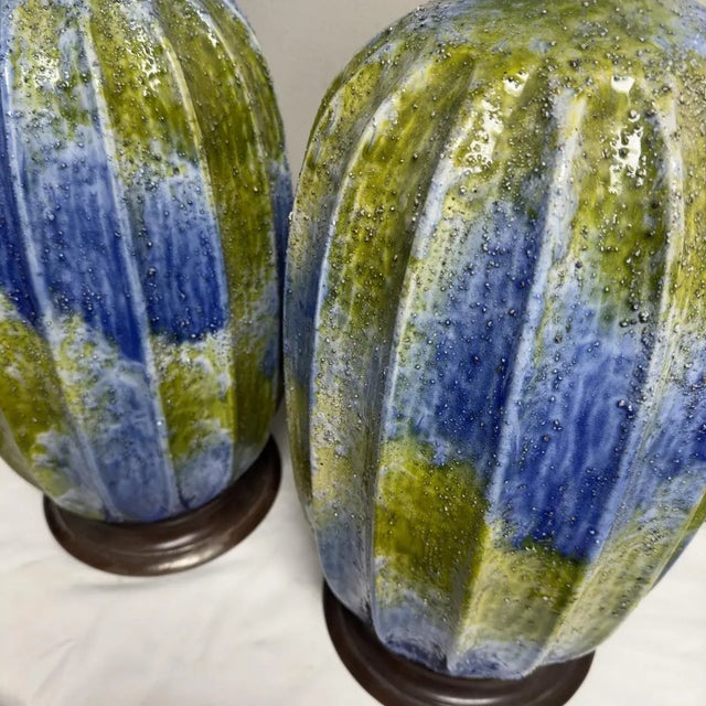 Boho Chic Mid-Century Blue and Green Textured Ceramic Lamps-a Pair For Sale - Image 3 of 4