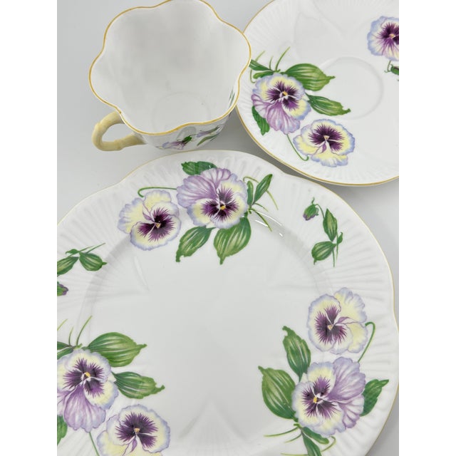 Purple Shelley Pansy Trio Dainty Shape, Vintage English Bone China 3 Piece Tea Set For Sale - Image 8 of 8