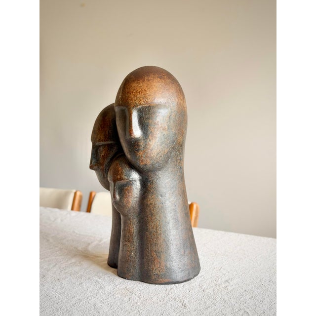 1970s Modernist Three-Head Bust Sculpture of Bronzed Terracotta in Brancusi / Modigliani Style Abstract Figurative Ceramic For Sale - Image 10 of 12