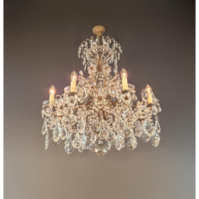 Art Deco Antique Art Nouveau Flower Candelabrum Crystal Chandelier Brass Ceiling Lustre For Sale - Image 3 of 15