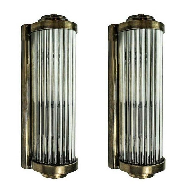 1940s Vintage Art Deco Rod Ship Light Skyscraper Wall Sconces in Brass