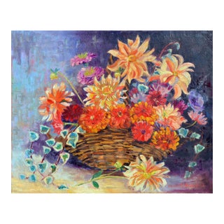 Basket of Summer Flowers Still Life, Oil on Canvas, Signed, 1946 by Muriel F. Merritt For Sale