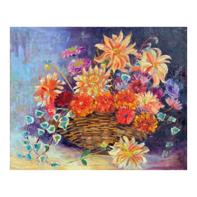 Basket of Summer Flowers Still Life, Oil on Canvas, Signed, 1946 by Muriel F. Merritt For Sale
