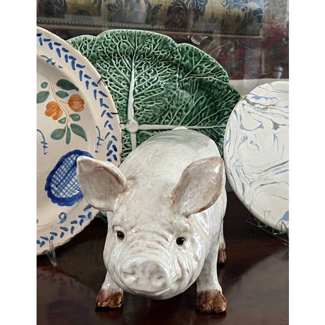 Ceramic Terra Cotta Tin Glazed Pig With Glass Eyes For Sale - Image 7 of 10