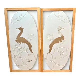 Art-Deco Pair of Painted Milk Glass Sideview Panels With Stylized Gazelles Etched Onto Each. For Sale