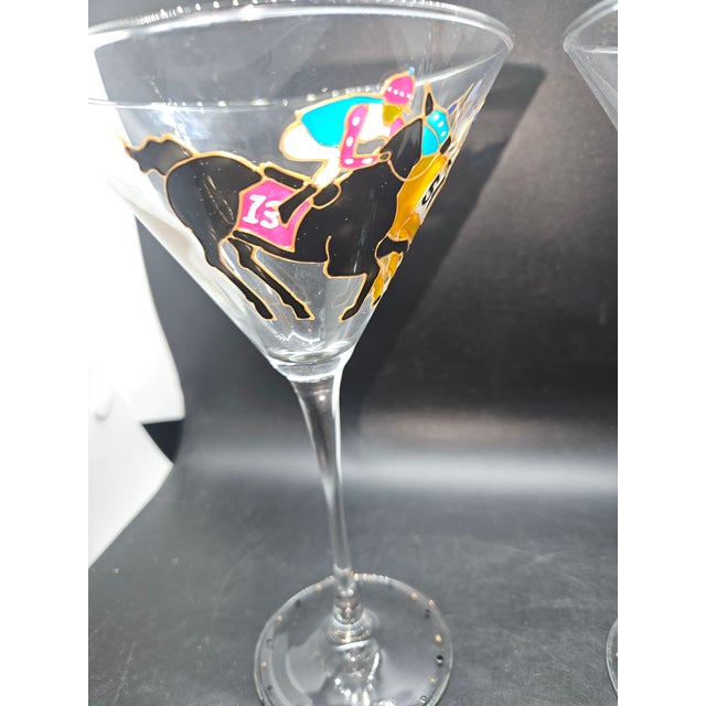 Figurative Vintage Handpainted W/Horse/Jockey Images on Martini Crystal Glasses (Set of 2) For Sale - Image 3 of 6