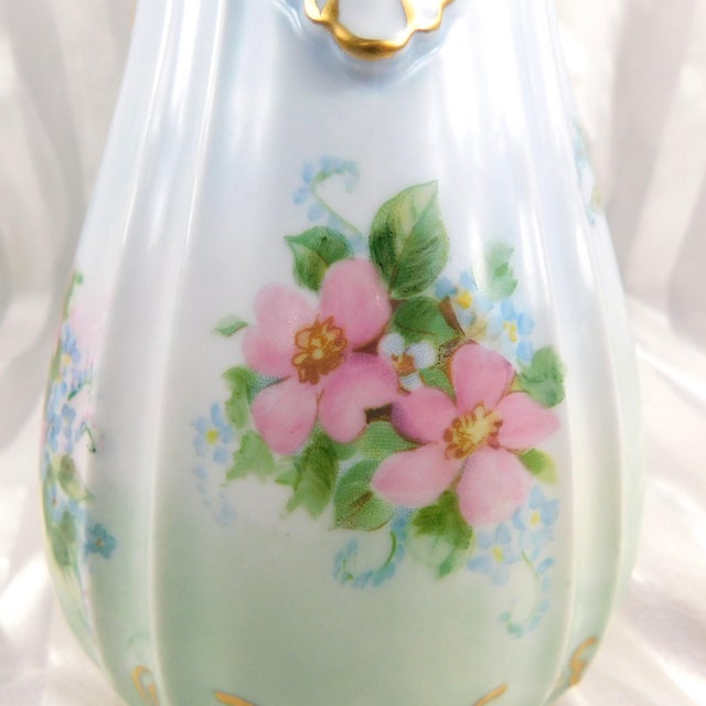 1940s Pale Blue Signed Hand Painted Teapot Sugar Bowl and Creamer Set For Sale - Image 10 of 17