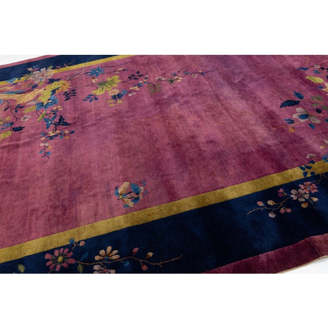 1920s Antique Chinese Art Deco Rug With Floral Branches in Magenta and Navy Blue For Sale - Image 12 of 13