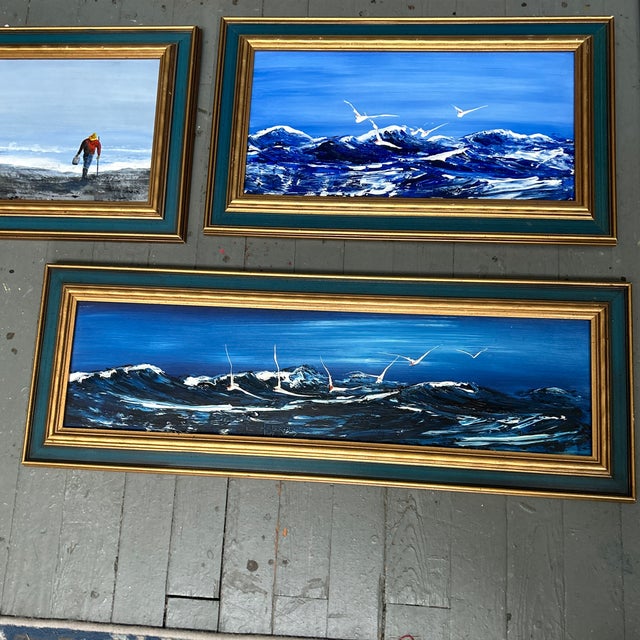Impressionist 5 1970’s Impressionist Beach Harbor Scene Seascape Paintings - Set of Five For Sale - Image 3 of 12
