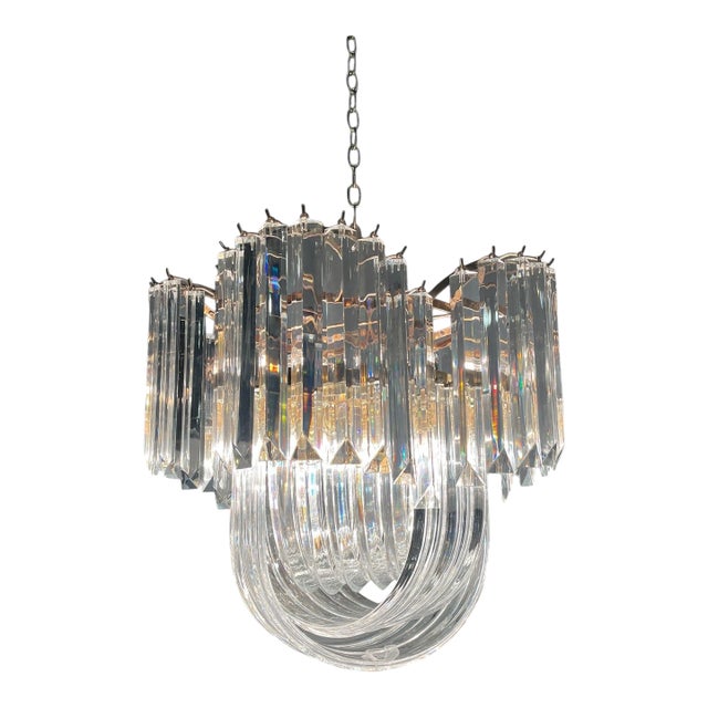 Mid Century Lucite and Brass 13 Light Ribbon Chandelier For Sale