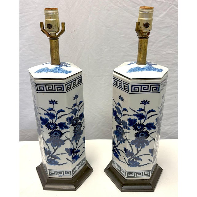 Vintage Mid Century Blue and White Ceramic Hexagon Shaped Table Lamps- A Pair For Sale - Image 4 of 17
