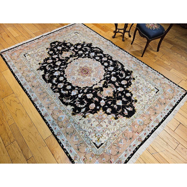 19th Century Fine Persian Tabriz Rug, Hand-Knotted Wool & Silk, Floral Pattern, Black & Ivory, 7x10 For Sale - Image 5 of 18