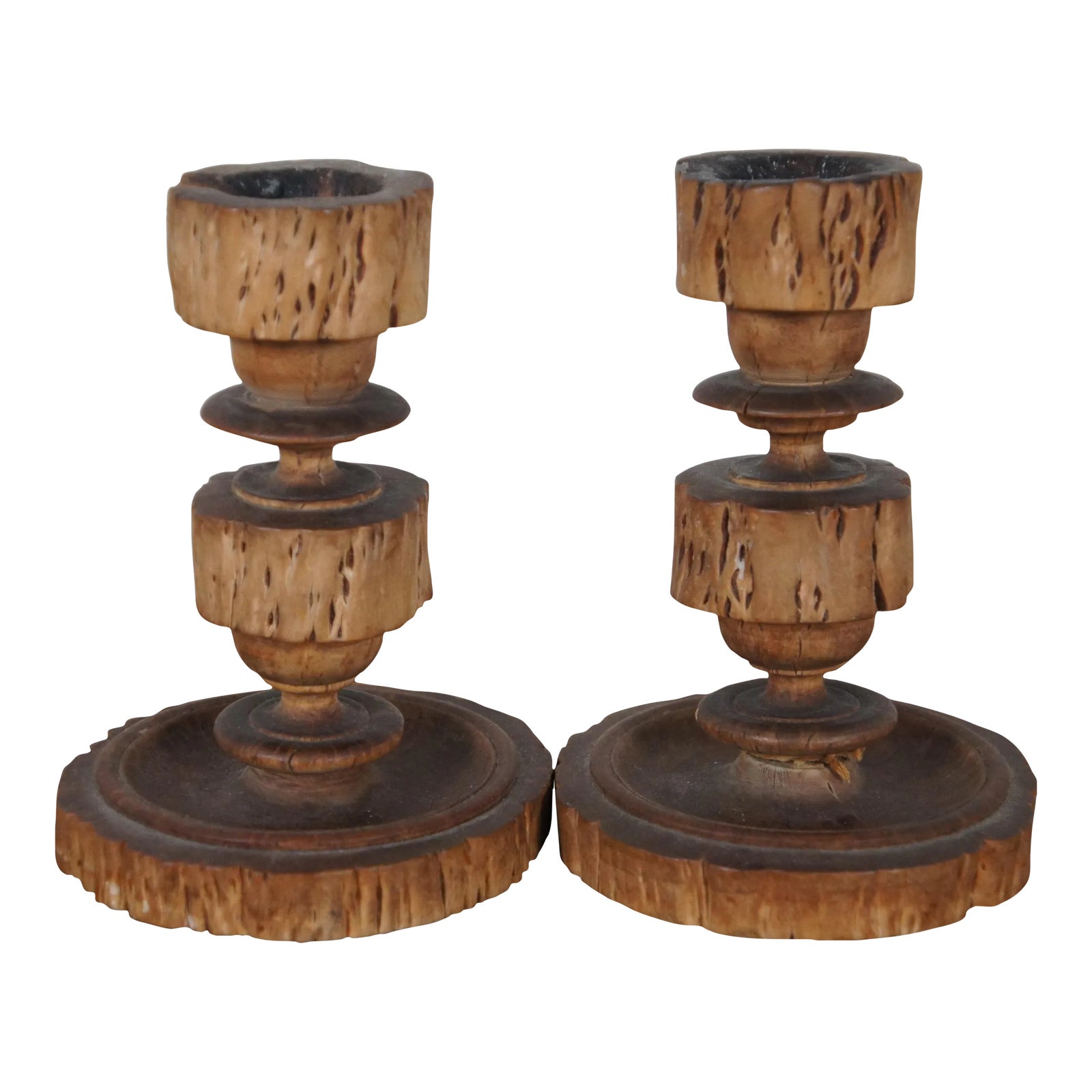 Vintage Primitive Rustic Hand Turned Rough Burl Candlesticks Candle ...